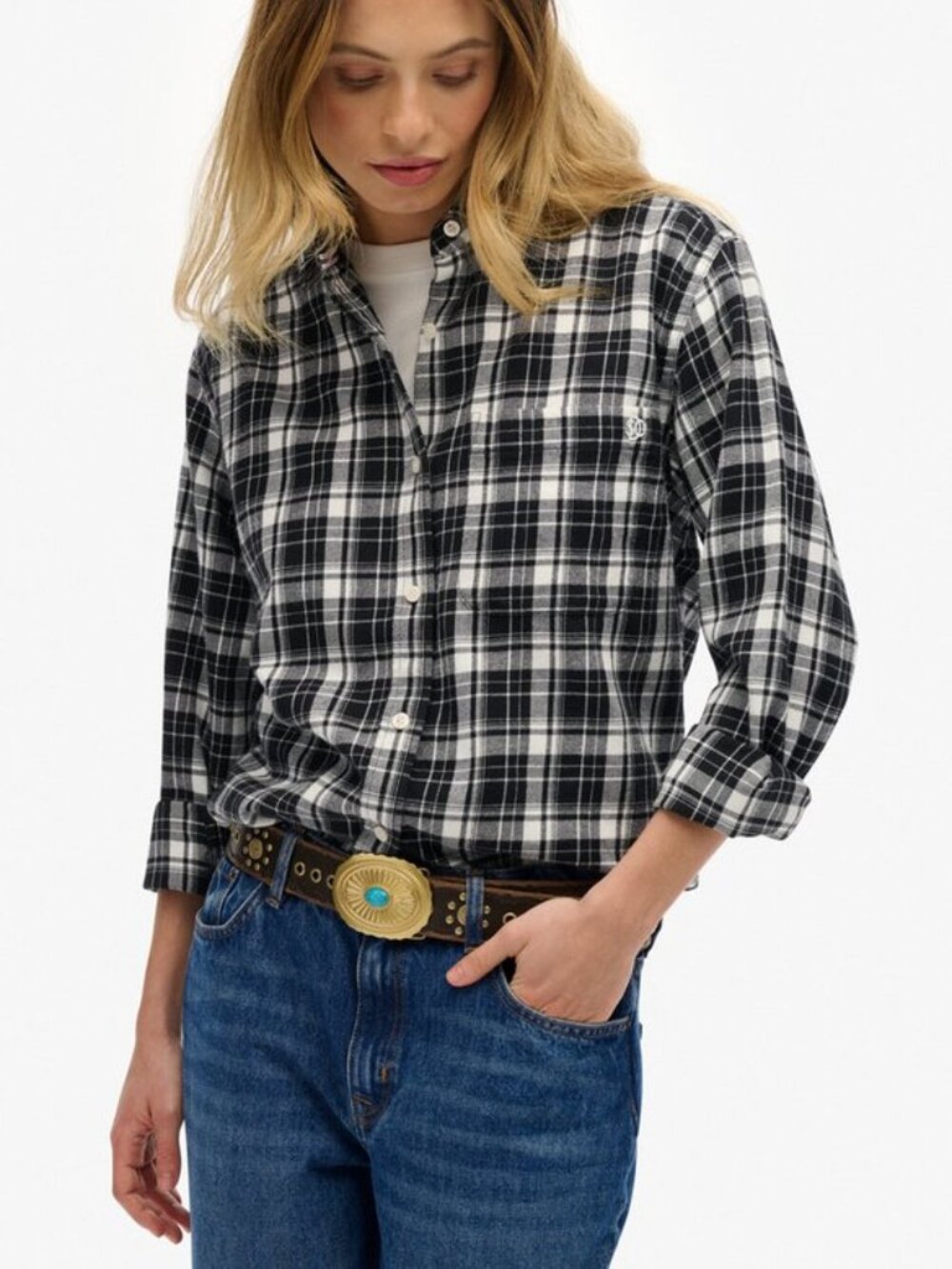 Lands' End Women's Button-Front Plaid Shirt Pinpoint Oxford No Iron Cotton Sz 8